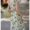 Womens Summer Floral Mulberry Silk Midi Dress V Neck Petal Sleeve High Waist A Line
