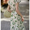Womens Summer Floral Mulberry Silk Midi Dress V Neck Petal Sleeve High Waist A Line