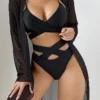 Women's Sheer Mesh Cover Up Bikini Set Sexy Quick Dry High Elastic Long Sleeve