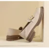 Womens Vintage Loafers Thick Heel Buckle Round Toe Microfiber Shoes