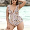 Plus Size Women's Floral One Piece Swimsuit Deep V Ruffle Open Back Tie Padded No Underwire