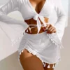 Womens 4-Piece Bikini Set Long Sleeve Tassel Cover-Up Sheer Skirt Solid Quick-Dry Swimwear