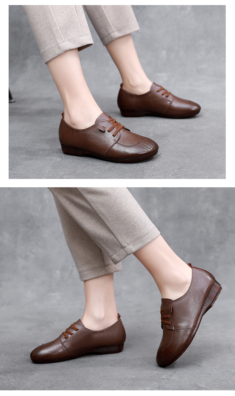 Womens Soft Leather Vintage Loafers Flats Wide Spring Fall Casual Lace-Up