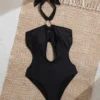Womens Solid Halter Cutout One Piece Swimsuit Padded Wireless