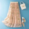 Women's Mulberry Silk Printed A-Line Maxi Skirt Elastic Waist Slimming Elegant