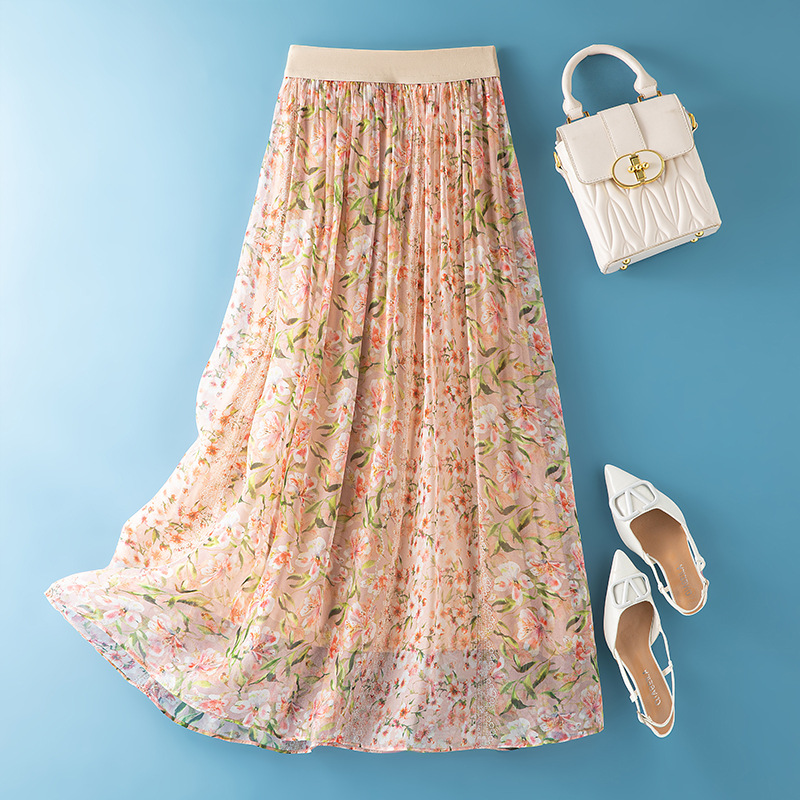 Women's Mulberry Silk Printed A-Line Maxi Skirt Elastic Waist Slimming Elegant