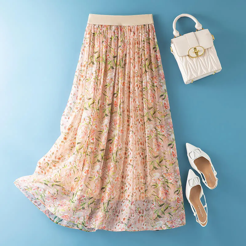 Women's Mulberry Silk Printed A-Line Maxi Skirt Elastic Waist Slimming Elegant