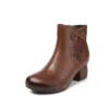 Womens Vintage Embroidered Leather Chunky Heel Round Toe Booties