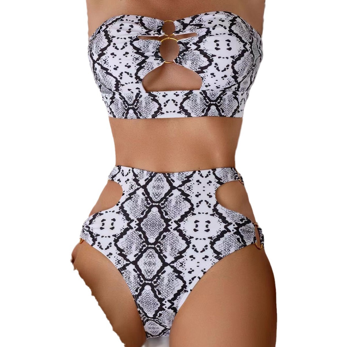 Womens Snake Print Cutout Strapless Bikini Padded No Underwire Swimwear