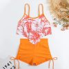 Womens Floral Print Bikini Ruffled Top Drawstring Boyshorts with Chest Pads
