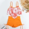 Womens Floral Print Bikini Ruffled Top Drawstring Boyshorts with Chest Pads