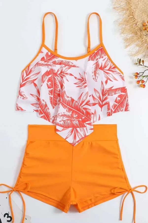 Womens Floral Print Bikini Ruffled Top Drawstring Boyshorts with Chest Pads