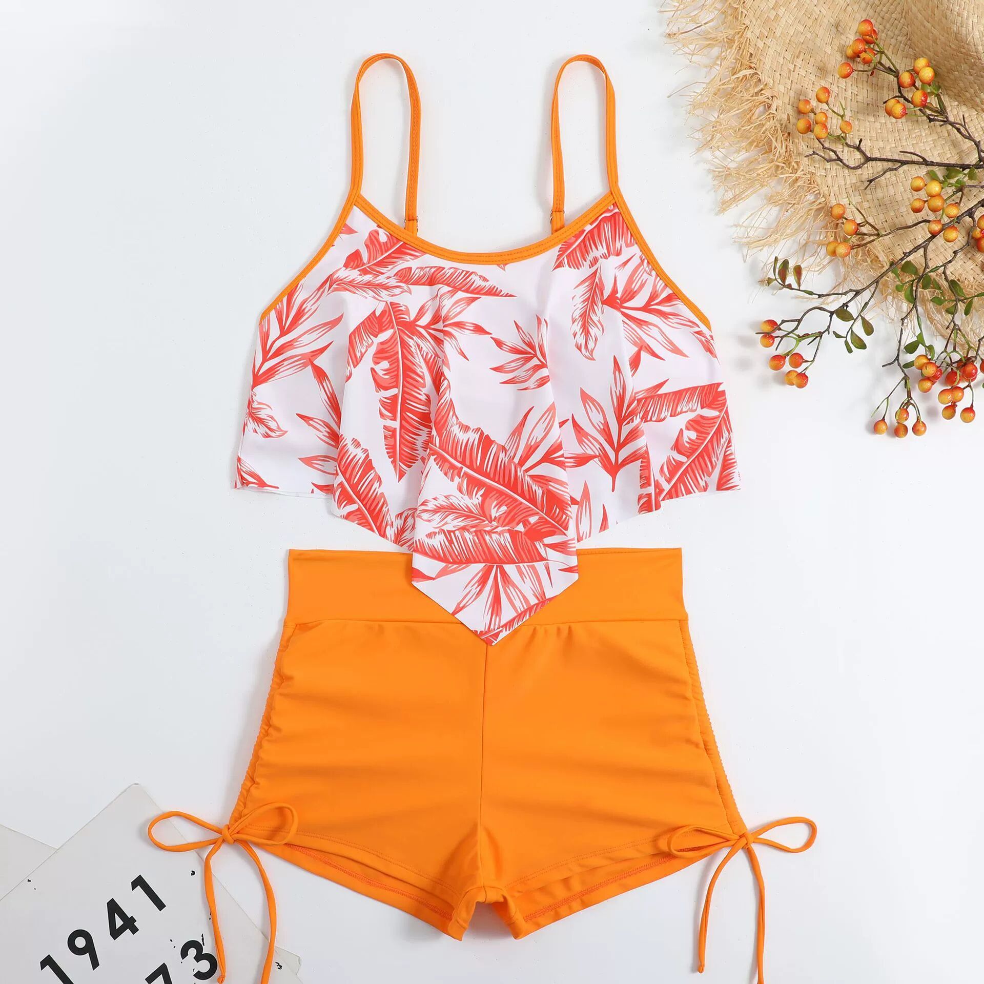 Womens Floral Print Bikini Ruffled Top Drawstring Boyshorts with Chest Pads