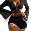 Womens 4-Piece Bikini Set Long Sleeve Tassel Cover-Up Sheer Skirt Solid Quick-Dry Swimwear