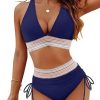 Womens High Waist Deep V Backless Bikini Solid Padded Quick Dry Stretchy