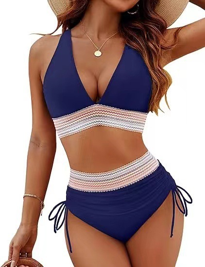 Womens High Waist Deep V Backless Bikini Solid Padded Quick Dry Stretchy
