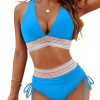 Womens High Waist Deep V Backless Bikini Solid Padded Quick Dry Stretchy