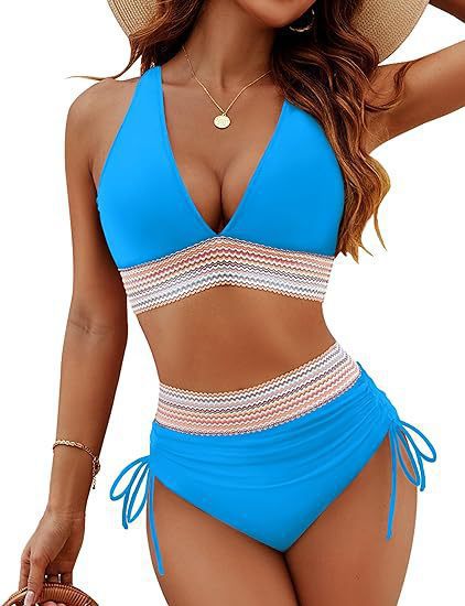 Womens High Waist Deep V Backless Bikini Solid Padded Quick Dry Stretchy