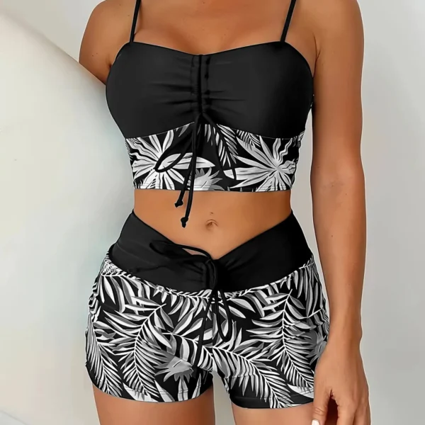Women's Plus Size Two Piece High Waisted Boyleg Tie Front Printed Color Block Padded Swimsuit