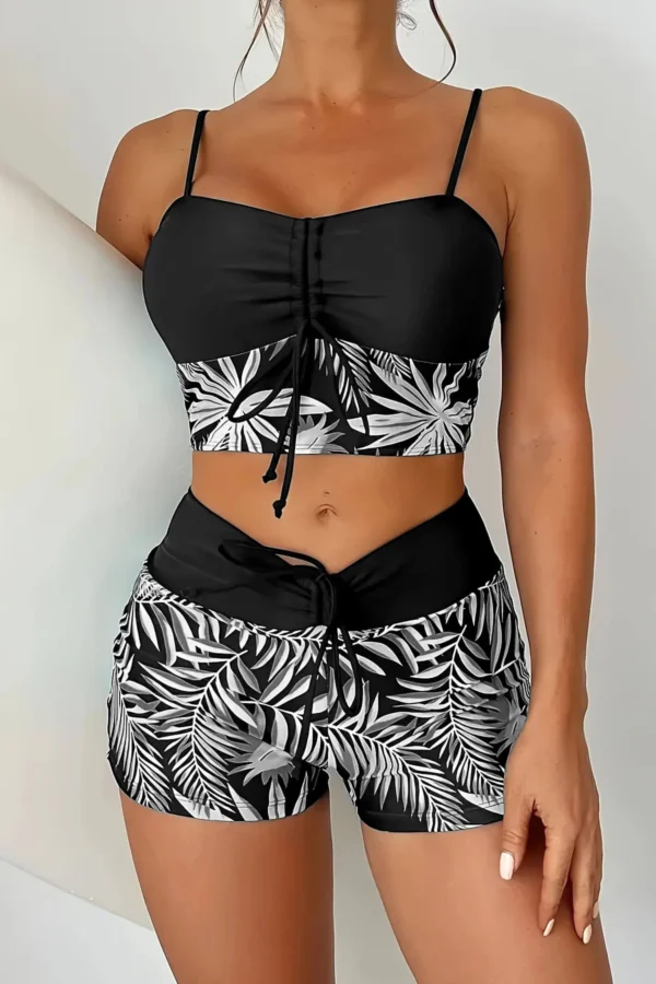 Women's Plus Size Two Piece High Waisted Boyleg Tie Front Printed Color Block Padded Swimsuit