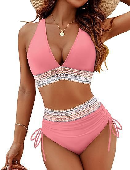 Womens High Waist Deep V Backless Bikini Solid Padded Quick Dry Stretchy