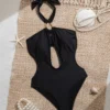 Womens Solid Halter Cutout One Piece Swimsuit Padded Wireless