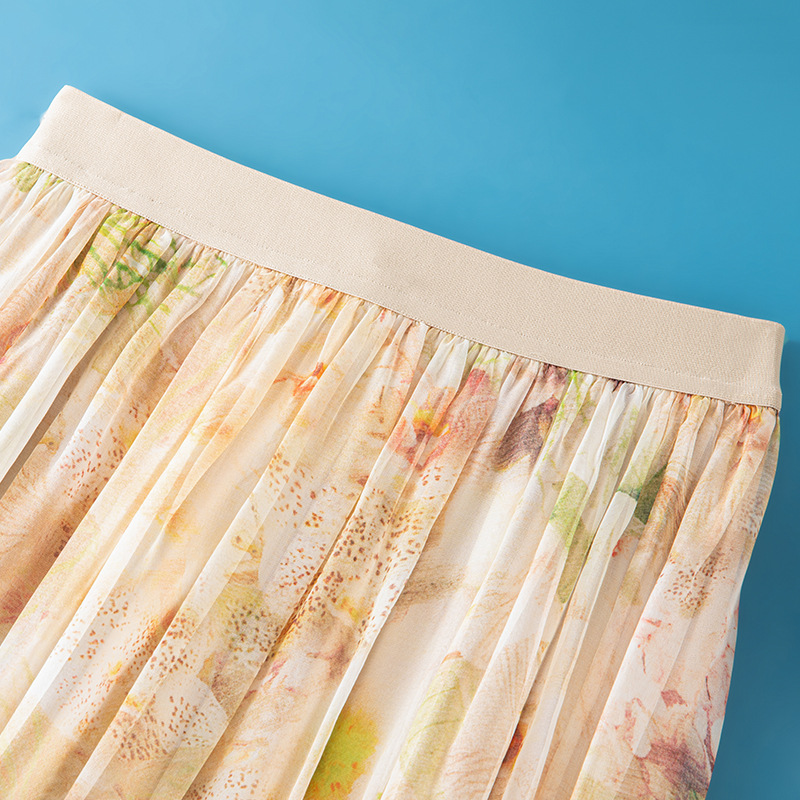 Summer Beige Floral Silk Midi Skirt Elastic Waist Flowy Elegant