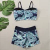 Women's Plus Size Two Piece High Waisted Boyleg Tie Front Printed Color Block Padded Swimsuit
