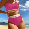 Womens High Waisted Ribbed Two Piece Bikini Trim Underwire Swimwear
