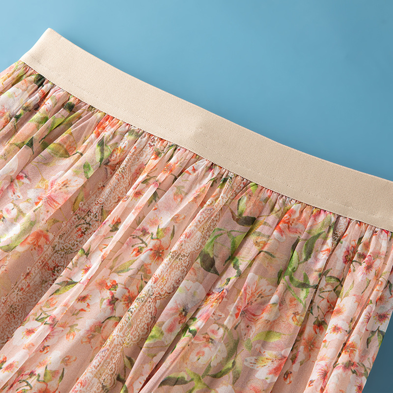 Women's Mulberry Silk Printed A-Line Maxi Skirt Elastic Waist Slimming Elegant