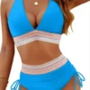 Womens High Waist Deep V Backless Bikini Solid Padded Quick Dry Stretchy