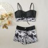 Women's Plus Size Two Piece High Waisted Boyleg Tie Front Printed Color Block Padded Swimsuit