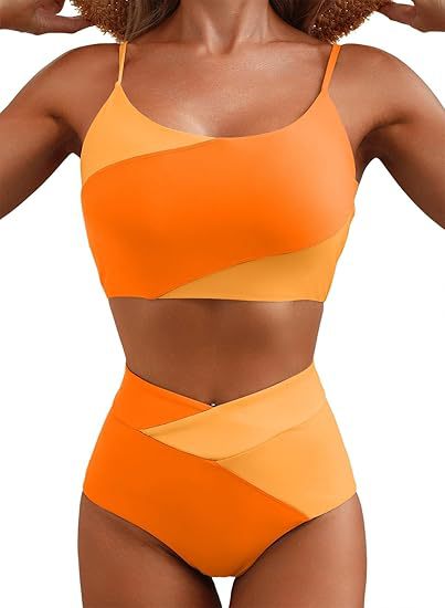 Women's Color Block Cropped Bikini Top Open Back Padded Wireless