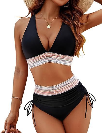 Womens High Waist Deep V Backless Bikini Solid Padded Quick Dry Stretchy