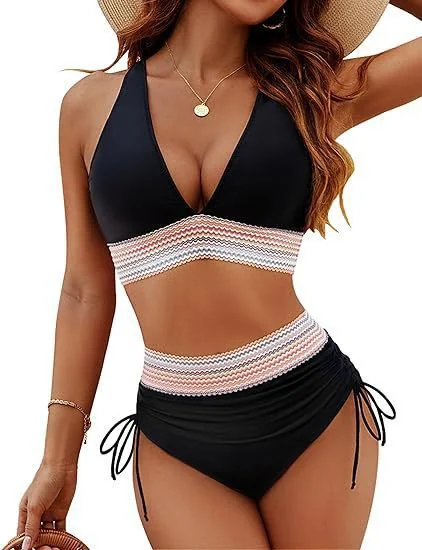 Womens High Waist Deep V Backless Bikini Solid Padded Quick Dry Stretchy