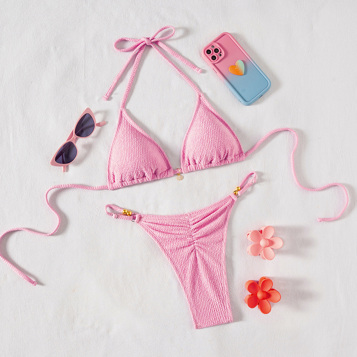 Womens Solid Strappy Ruched Sexy Two Piece Bikini Swimwear Padded