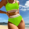 Womens High Waisted Ribbed Two Piece Bikini Trim Underwire Swimwear