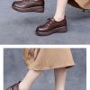Womens Vintage British Leather Platform Loafers Lace Up Wide Chunky Heel
