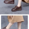 Womens Vintage British Leather Platform Loafers Lace Up Wide Chunky Heel