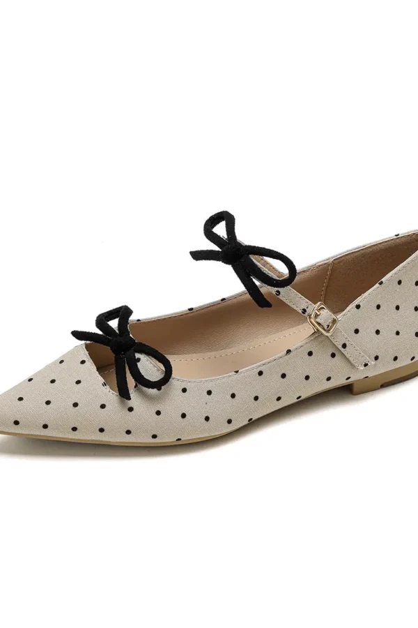 Womens Faux Suede Pointed Toe Bow Buckle Mary Jane Flats Polka Dot Low Heel Shoes