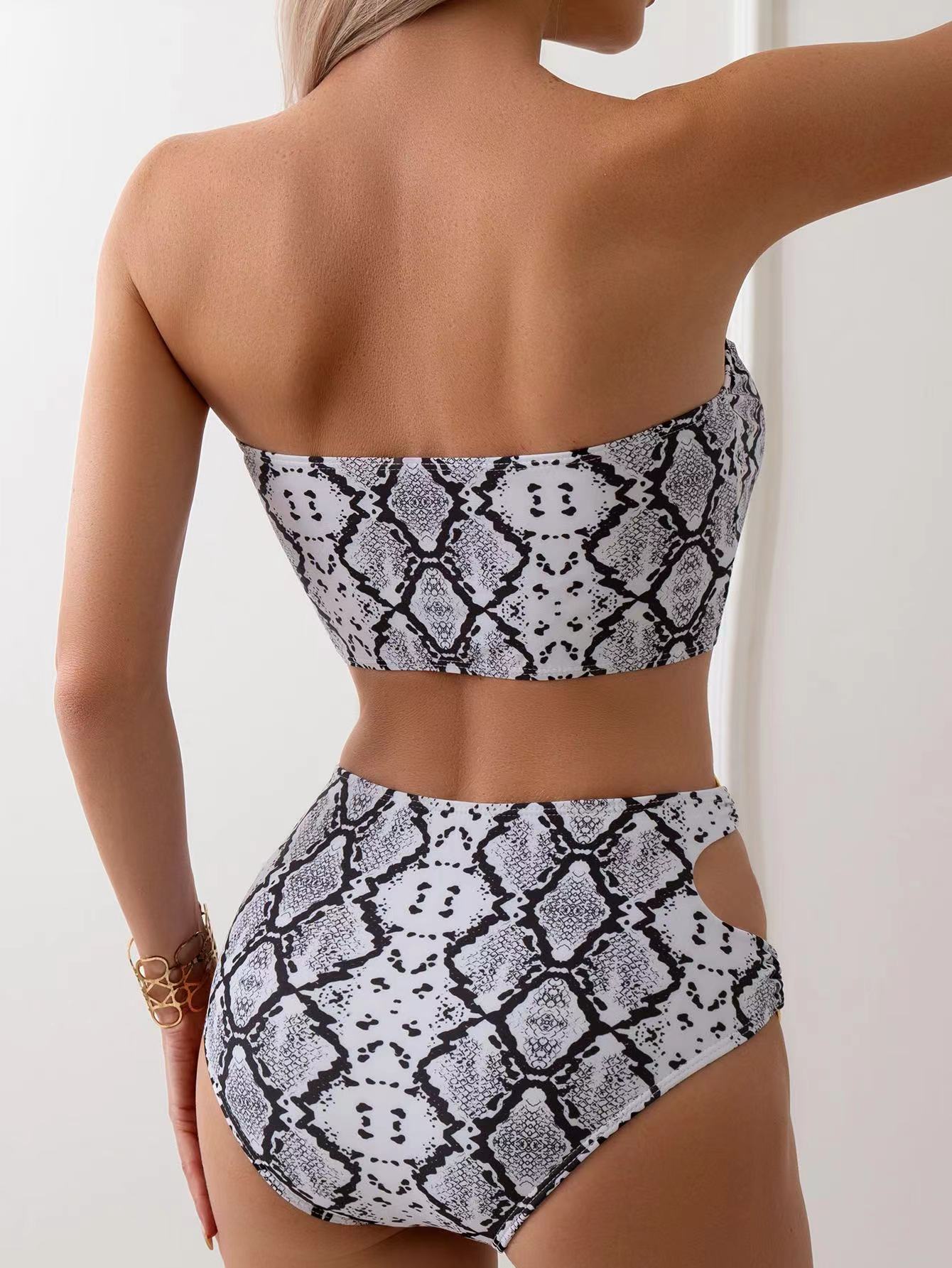 Womens Snake Print Cutout Strapless Bikini Padded No Underwire Swimwear