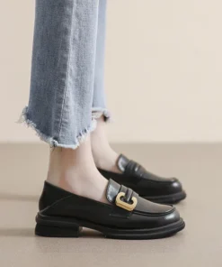 Womens Vintage Loafers Thick Heel Buckle Round Toe Microfiber Shoes