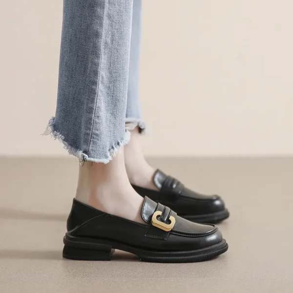 Womens Vintage Loafers Thick Heel Buckle Round Toe Microfiber Shoes