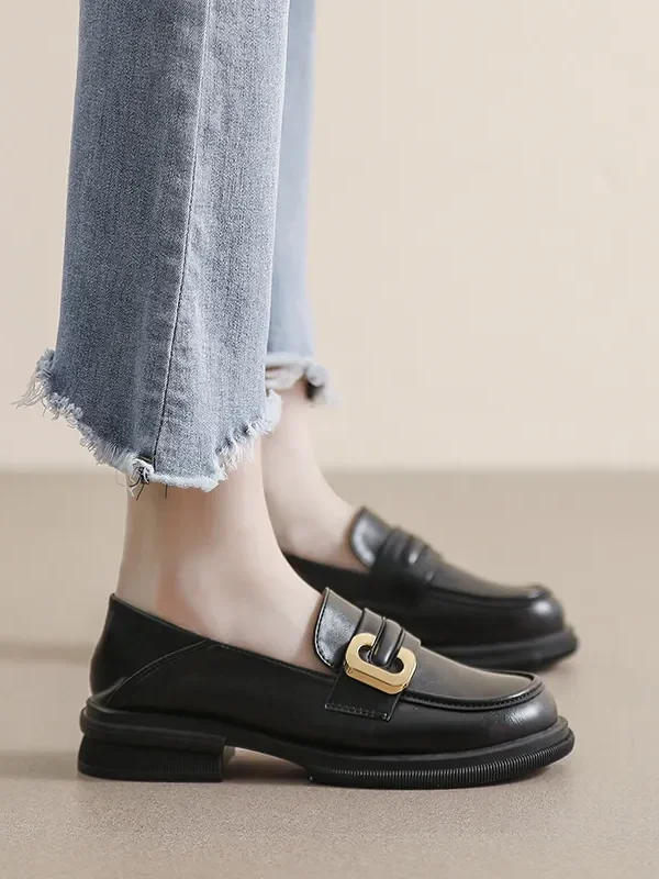 Womens Vintage Loafers Thick Heel Buckle Round Toe Microfiber Shoes