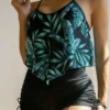 Womens Floral Print Bikini Ruffled Top Drawstring Boyshorts with Chest Pads