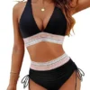 Womens High Waist Deep V Backless Bikini Solid Padded Quick Dry Stretchy