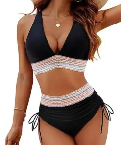 Womens High Waist Deep V Backless Bikini Solid Padded Quick Dry Stretchy