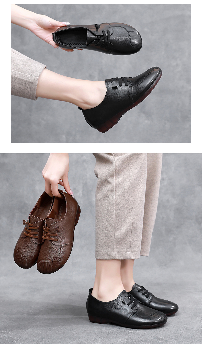 Womens Soft Leather Vintage Loafers Flats Wide Spring Fall Casual Lace-Up