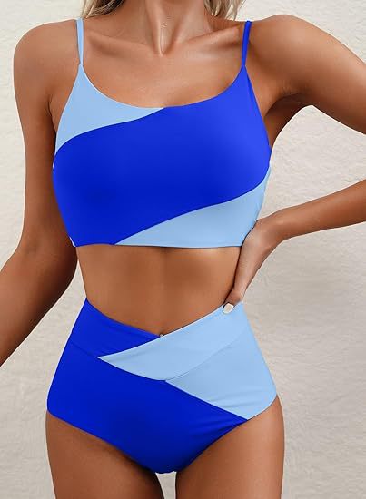 Women's Color Block Cropped Bikini Top Open Back Padded Wireless