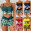 Women's Plus Size Two Piece High Waisted Boyleg Tie Front Printed Color Block Padded Swimsuit